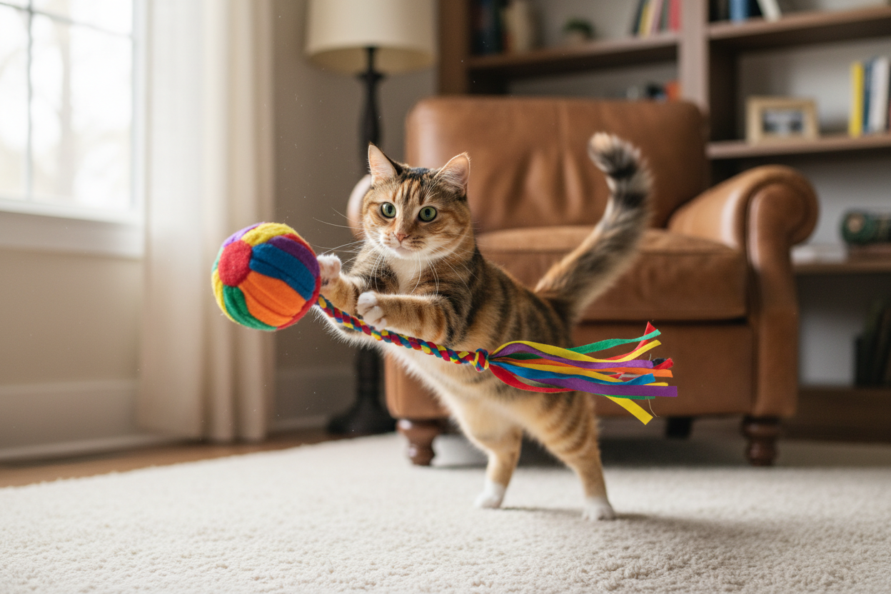 generate an image of a ball with a tail and a real cat playing with it